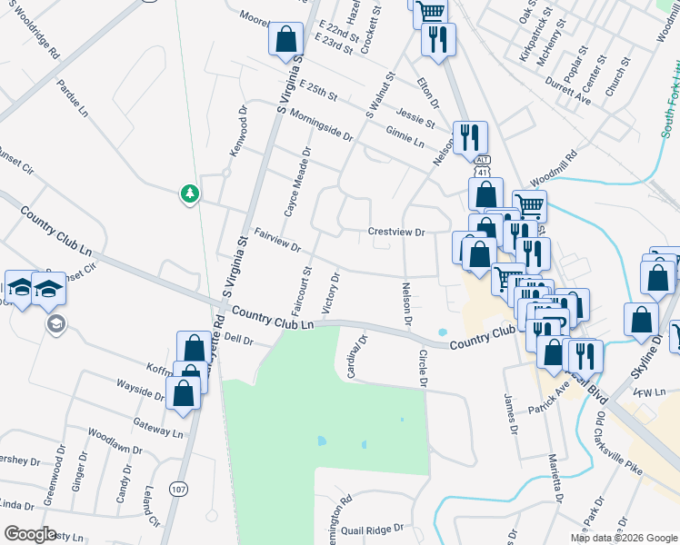 map of restaurants, bars, coffee shops, grocery stores, and more near 250-298 Fairview Drive in Hopkinsville