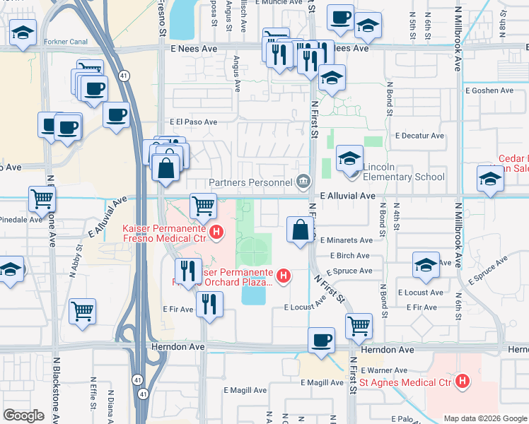 map of restaurants, bars, coffee shops, grocery stores, and more near 461 East Alluvial Avenue in Fresno