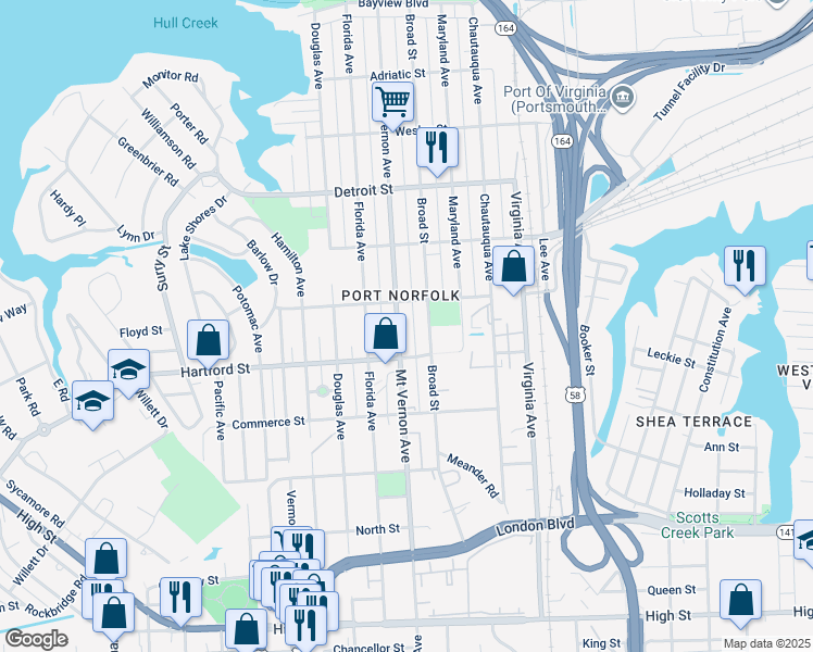 map of restaurants, bars, coffee shops, grocery stores, and more near 600 Mount Vernon Avenue in Portsmouth