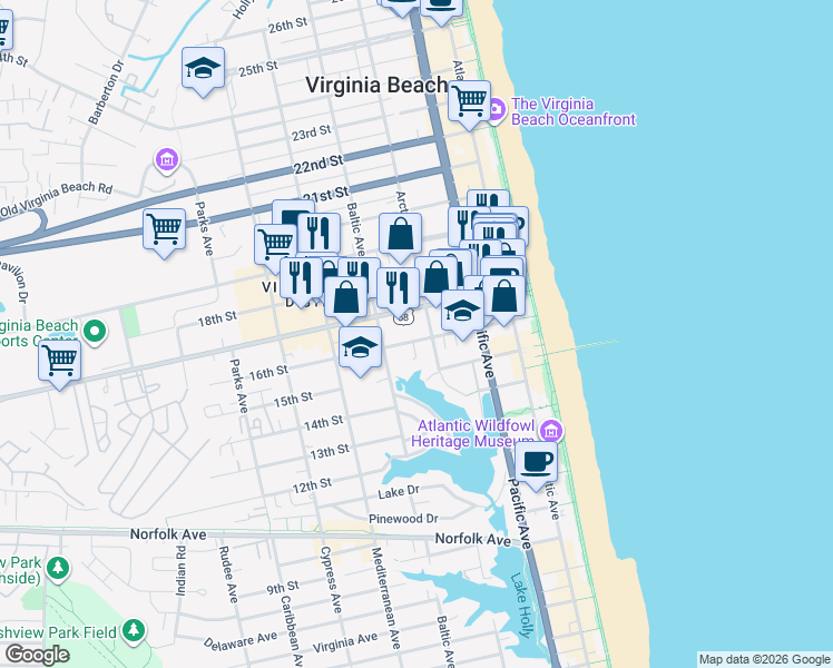 map of restaurants, bars, coffee shops, grocery stores, and more near 413 Virginia Beach Boulevard in Virginia Beach