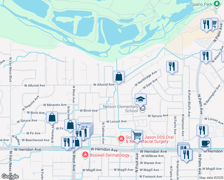 map of restaurants, bars, coffee shops, grocery stores, and more near 1575 West Alluvial Avenue in Fresno
