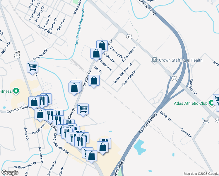 map of restaurants, bars, coffee shops, grocery stores, and more near 1901 Jan Drive in Hopkinsville