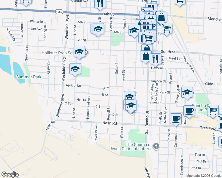 map of restaurants, bars, coffee shops, grocery stores, and more near 917 Powell Street in Hollister