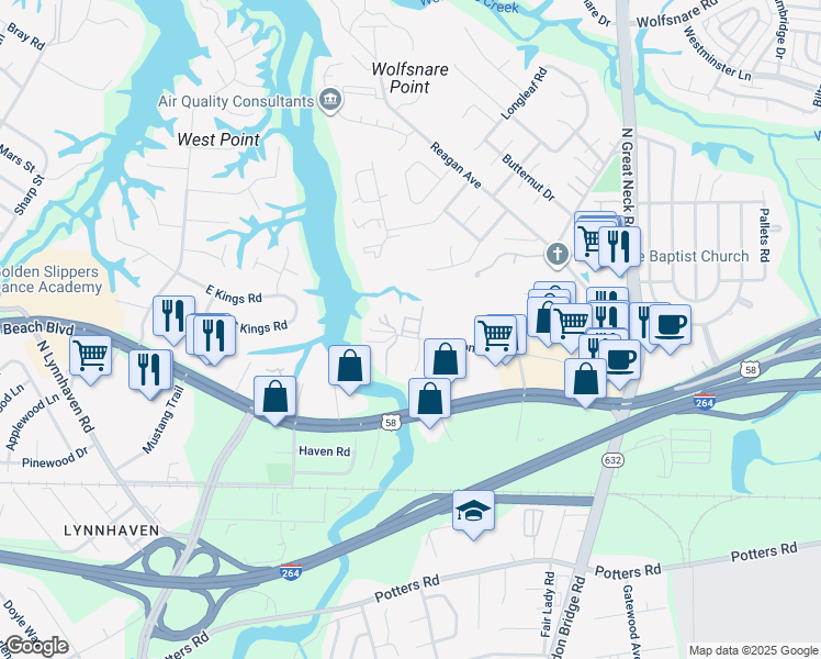 map of restaurants, bars, coffee shops, grocery stores, and more near 2554 Oconee Avenue in Virginia Beach