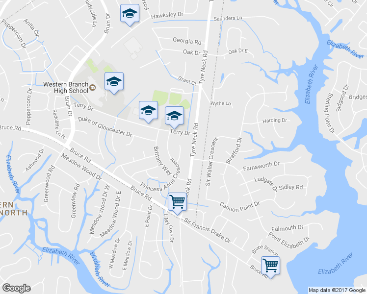 map of restaurants, bars, coffee shops, grocery stores, and more near 3013 Lord Bradford Court in Chesapeake