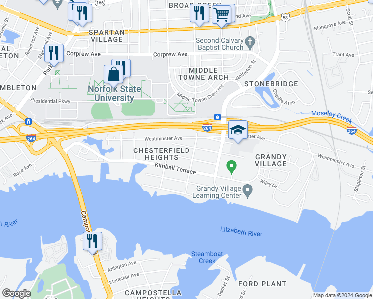 map of restaurants, bars, coffee shops, grocery stores, and more near 2733 Victoria Avenue in Norfolk