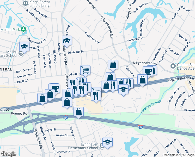 map of restaurants, bars, coffee shops, grocery stores, and more near 3308 Alcott Road in Virginia Beach