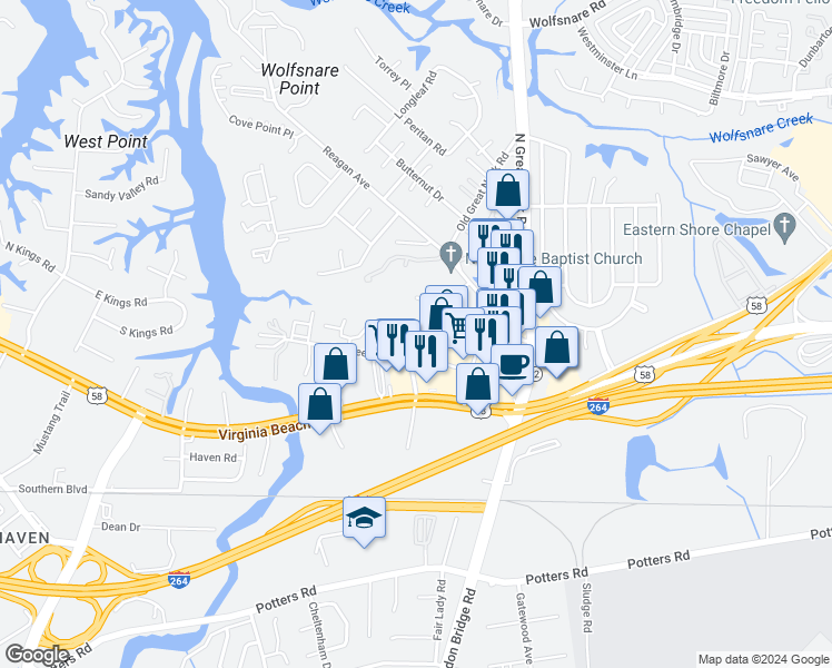 map of restaurants, bars, coffee shops, grocery stores, and more near 2412 Julie Court in Virginia Beach