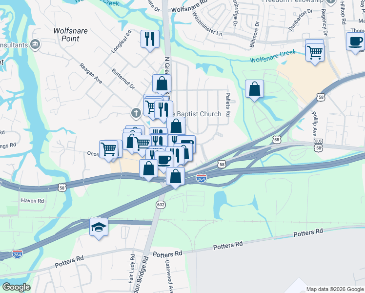 map of restaurants, bars, coffee shops, grocery stores, and more near 321 West Farmington Road in Virginia Beach
