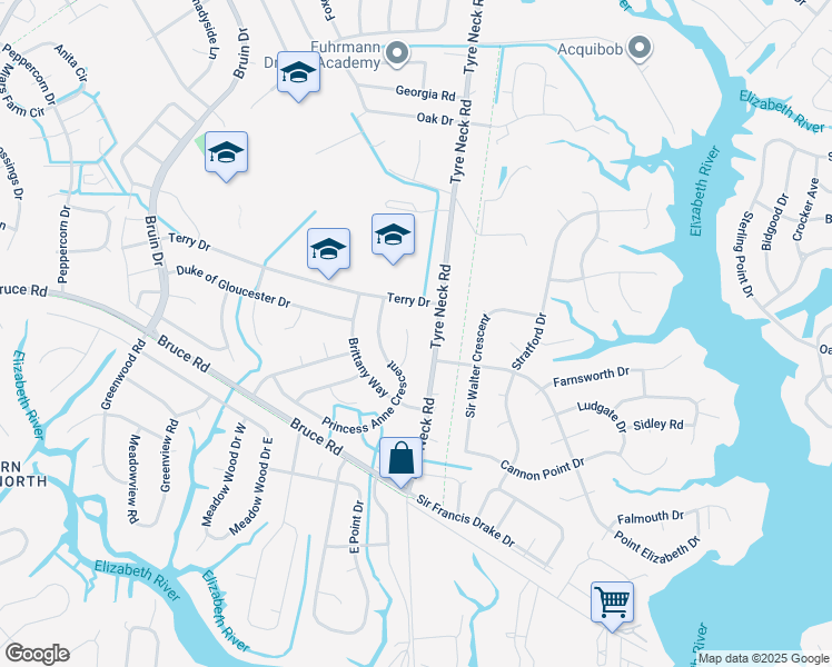 map of restaurants, bars, coffee shops, grocery stores, and more near 3013 Lord Bradford Court in Chesapeake