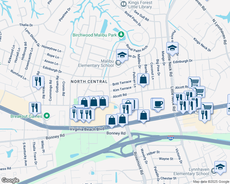 map of restaurants, bars, coffee shops, grocery stores, and more near 3641 Britt Terrace in Virginia Beach