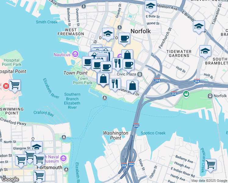 map of restaurants, bars, coffee shops, grocery stores, and more near 777 Waterside Drive in Norfolk