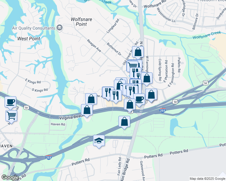 map of restaurants, bars, coffee shops, grocery stores, and more near 2410 Julie Court in Virginia Beach