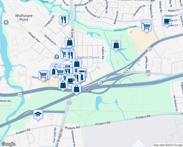 map of restaurants, bars, coffee shops, grocery stores, and more near 400 East Plantation Road in Virginia Beach