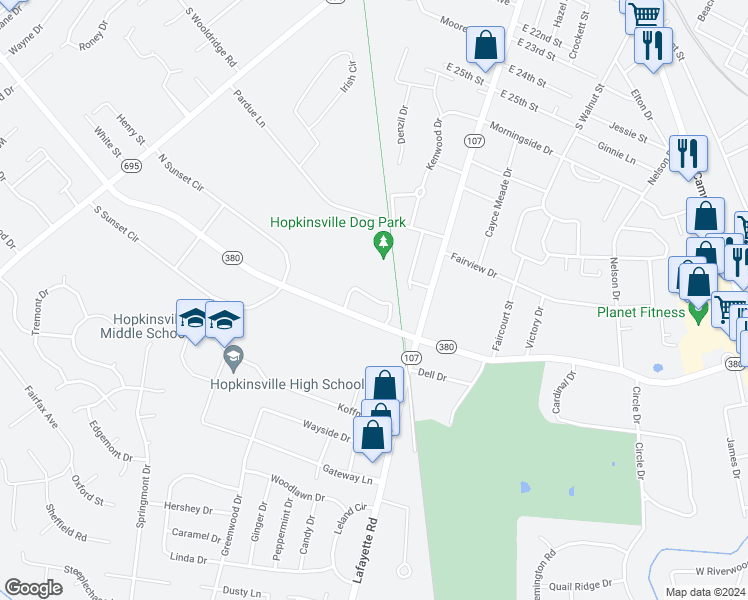 map of restaurants, bars, coffee shops, grocery stores, and more near Hickory Ridge Circle in Hopkinsville