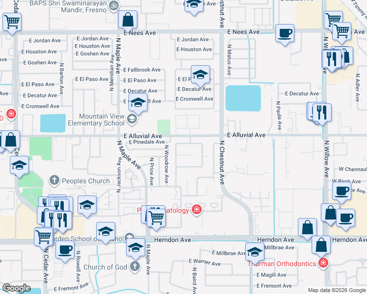 map of restaurants, bars, coffee shops, grocery stores, and more near 2326 East Minarets Avenue in Fresno