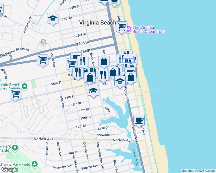 map of restaurants, bars, coffee shops, grocery stores, and more near 413 Virginia Beach Boulevard in Virginia Beach
