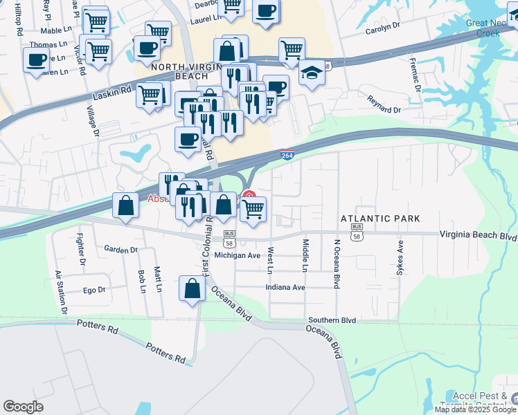 map of restaurants, bars, coffee shops, grocery stores, and more near 328 Louisa Avenue in Virginia Beach