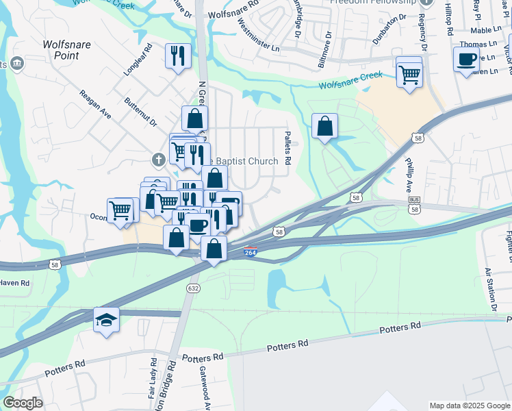 map of restaurants, bars, coffee shops, grocery stores, and more near 400 East Plantation Road in Virginia Beach