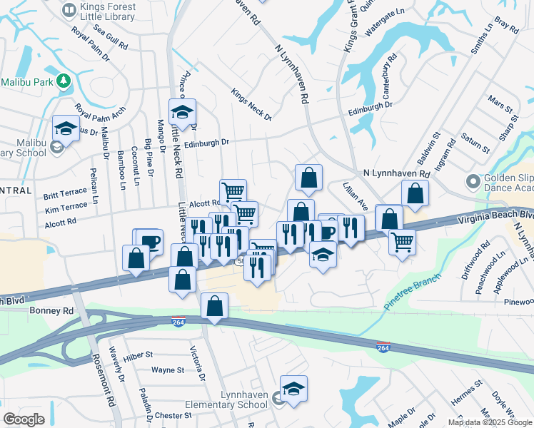 map of restaurants, bars, coffee shops, grocery stores, and more near 3308 Alcott Road in Virginia Beach