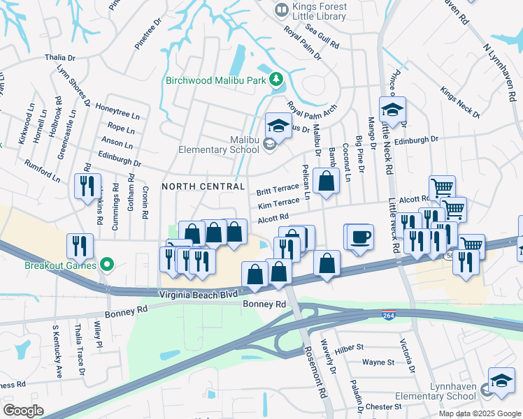 map of restaurants, bars, coffee shops, grocery stores, and more near 3641 Britt Terrace in Virginia Beach