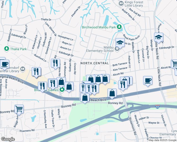 map of restaurants, bars, coffee shops, grocery stores, and more near 3720 Dunmoor Court in Virginia Beach