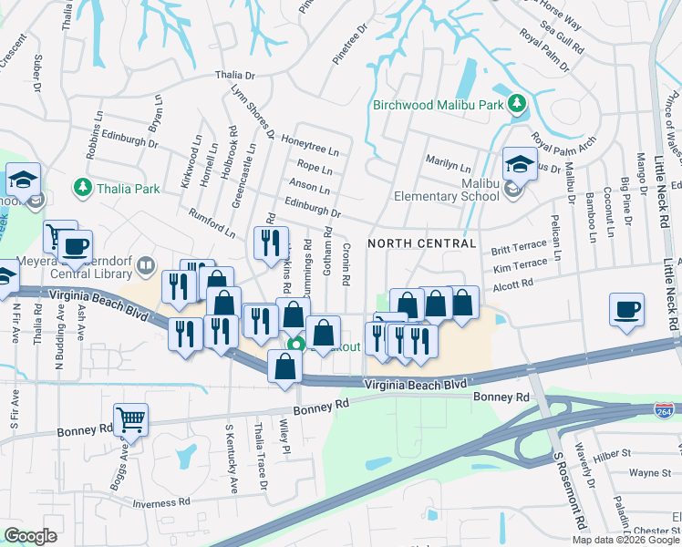 map of restaurants, bars, coffee shops, grocery stores, and more near 428 Gotham Road in Virginia Beach