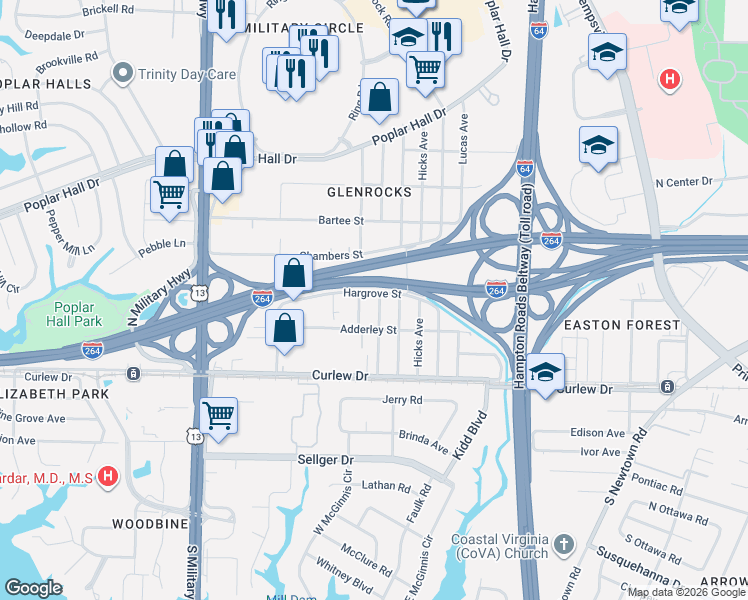 map of restaurants, bars, coffee shops, grocery stores, and more near 5877 Hargrove Street in Norfolk