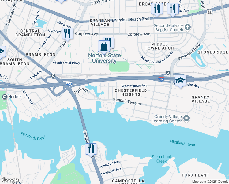 map of restaurants, bars, coffee shops, grocery stores, and more near 732 Forbes Street in Norfolk