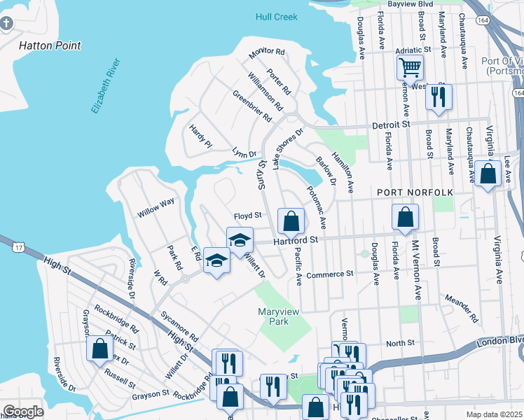 map of restaurants, bars, coffee shops, grocery stores, and more near 628 Surry Street in Portsmouth