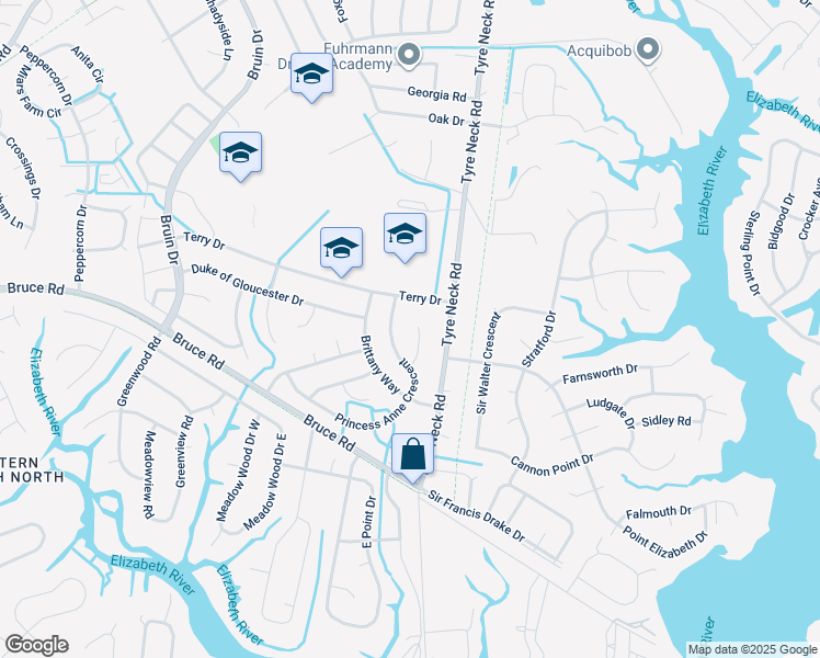 map of restaurants, bars, coffee shops, grocery stores, and more near 3012 Lord Bradford Court in Chesapeake