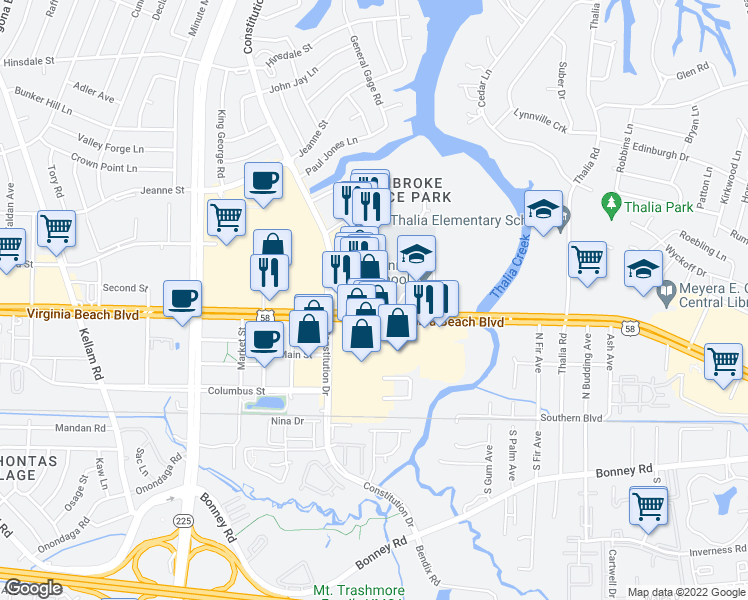 map of restaurants, bars, coffee shops, grocery stores, and more near 4448 Virginia Beach Boulevard in Virginia Beach