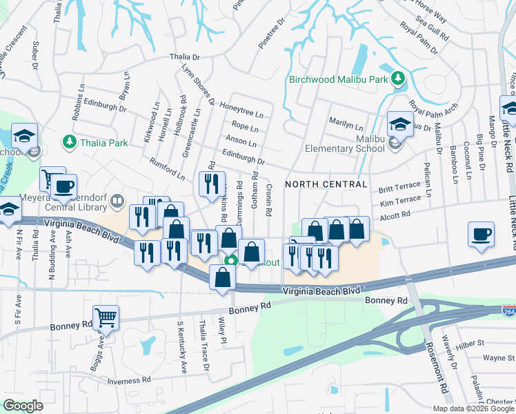 map of restaurants, bars, coffee shops, grocery stores, and more near 428 Gotham Road in Virginia Beach