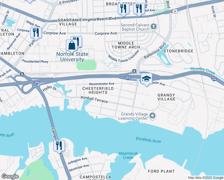 map of restaurants, bars, coffee shops, grocery stores, and more near 2721 Victoria Avenue in Norfolk