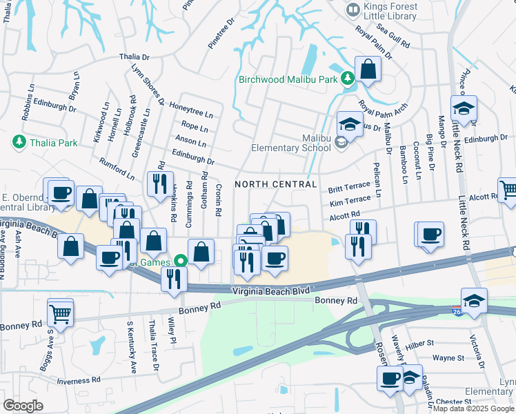 map of restaurants, bars, coffee shops, grocery stores, and more near 3720 Dunmoor Court in Virginia Beach