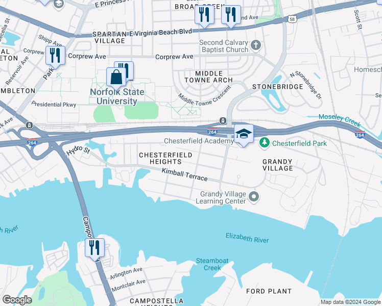 map of restaurants, bars, coffee shops, grocery stores, and more near 2733 Victoria Avenue in Norfolk