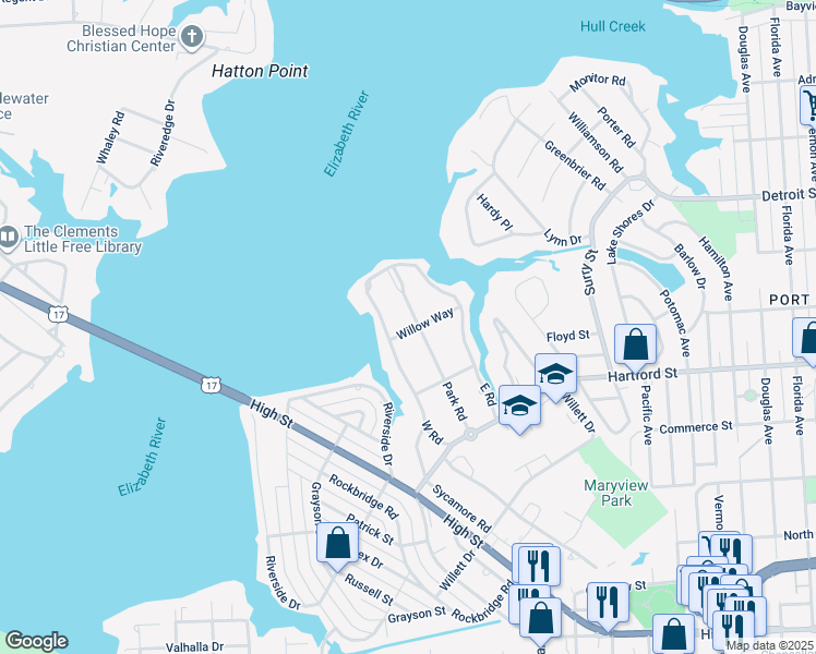 map of restaurants, bars, coffee shops, grocery stores, and more near 114 Park Road in Portsmouth
