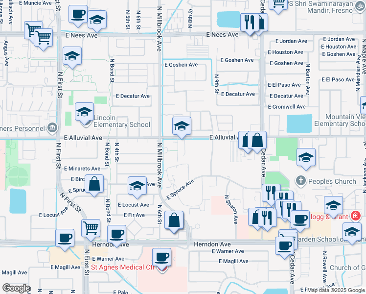 map of restaurants, bars, coffee shops, grocery stores, and more near 5688 North First Street in Fresno