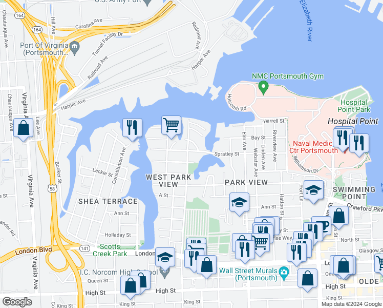 map of restaurants, bars, coffee shops, grocery stores, and more near 1531 Spratley Street in Portsmouth