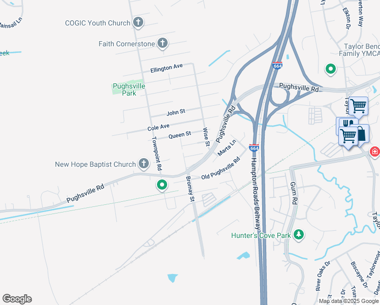 map of restaurants, bars, coffee shops, grocery stores, and more near 5124 Bute Street in Chesapeake