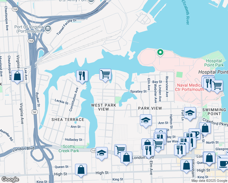map of restaurants, bars, coffee shops, grocery stores, and more near 1601 Spratley Street in Portsmouth