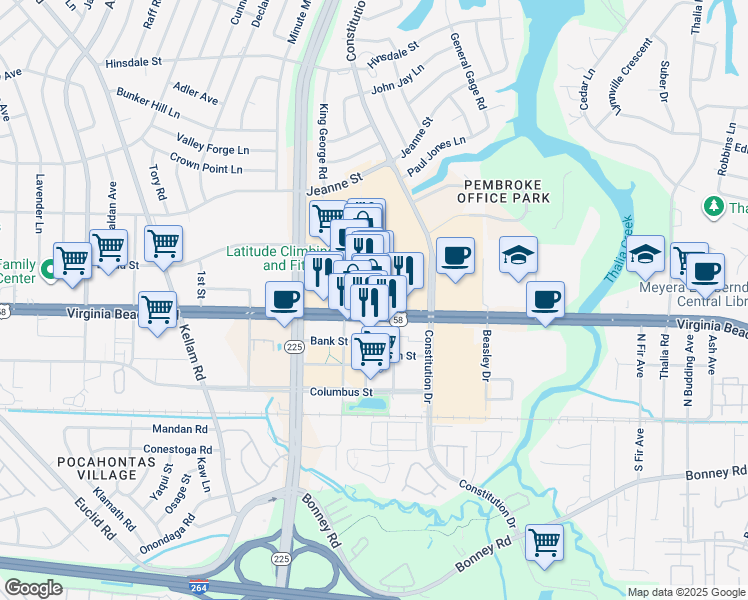 map of restaurants, bars, coffee shops, grocery stores, and more near 4554 Virginia Beach Boulevard in Virginia Beach