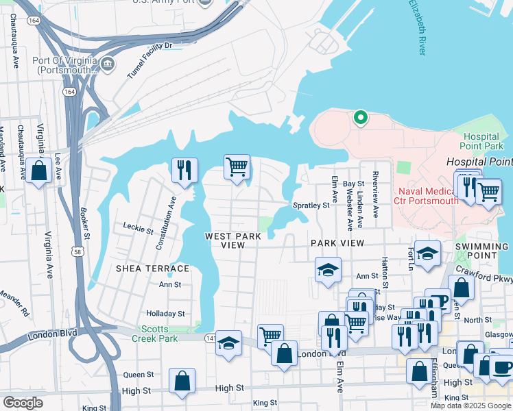 map of restaurants, bars, coffee shops, grocery stores, and more near 1601 Spratley Street in Portsmouth