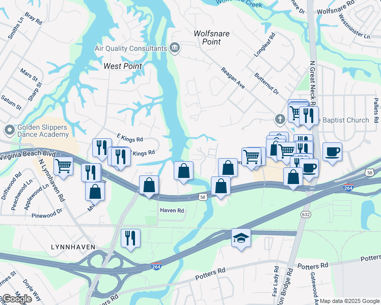 map of restaurants, bars, coffee shops, grocery stores, and more near 2614 Totem Trail in Virginia Beach