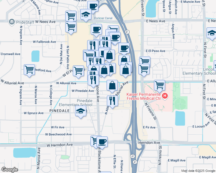 map of restaurants, bars, coffee shops, grocery stores, and more near 7418 N Blackstone Ave in Fresno