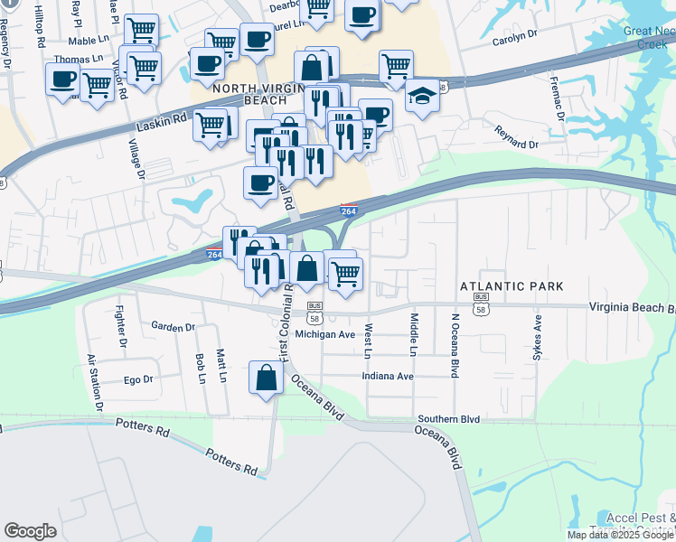 map of restaurants, bars, coffee shops, grocery stores, and more near 328 Louisa Avenue in Virginia Beach