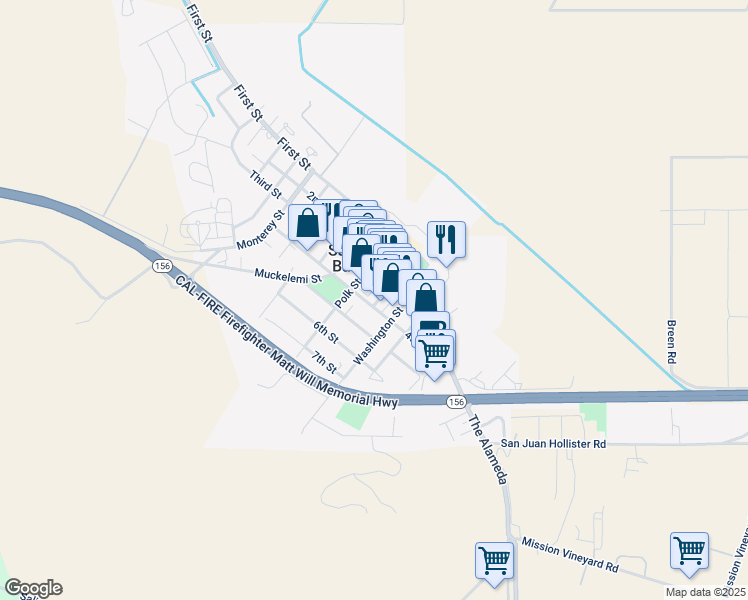 map of restaurants, bars, coffee shops, grocery stores, and more near 37 Mariposa Street in San Juan Bautista