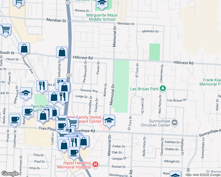 map of restaurants, bars, coffee shops, grocery stores, and more near 1040 Memorial Drive in Hollister