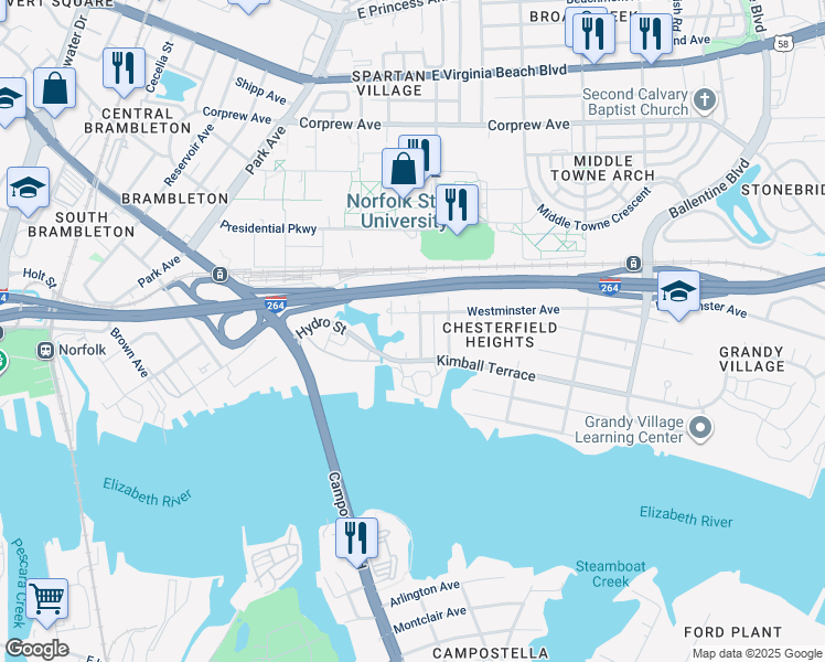 map of restaurants, bars, coffee shops, grocery stores, and more near 721 Thayor Street in Norfolk