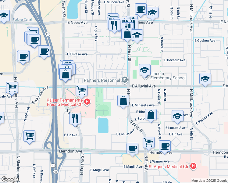 map of restaurants, bars, coffee shops, grocery stores, and more near East Alluvial in Fresno